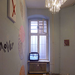 "this time dressed", Der Grieche, Berlin, 2012 (with Marten Frerichs and Kerstin Cmelka), untitled, plastic foil, neon tube, cable, ca.150x50x50cm, 2012